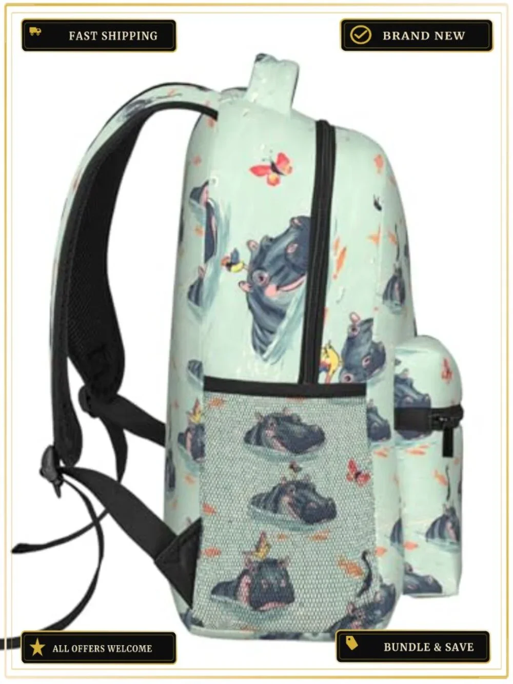 Whimsical Hippo Print Polyester Laptop Backpack Daypack with Padded Straps and